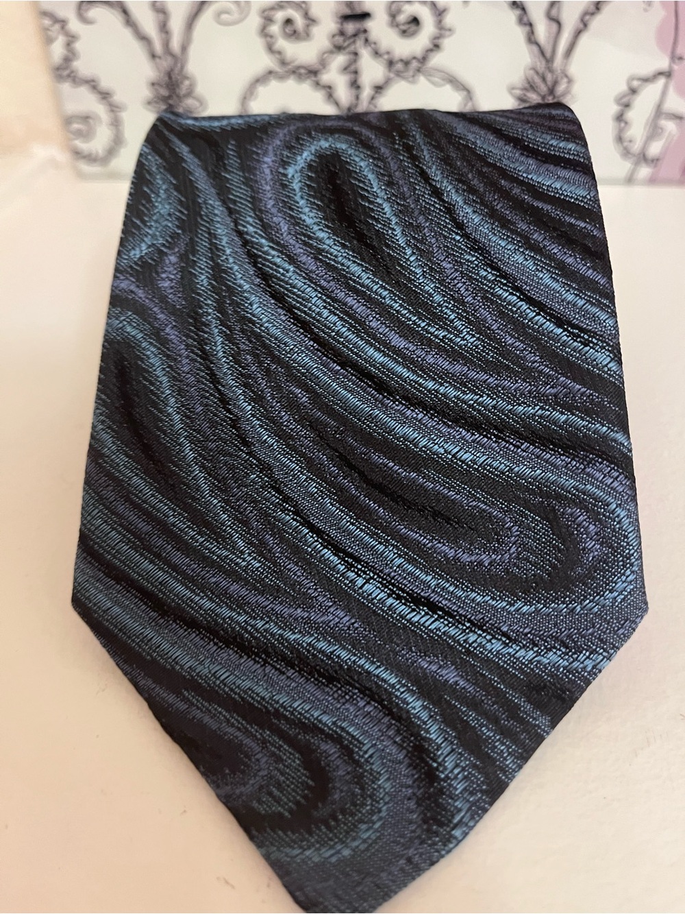 Pavone Men's Silk Tie Black Grey Teal Swirl Made in Italy